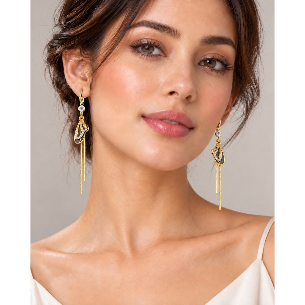 Gold Butterfly Wing Dangle Earrings with Crystal Accents and Long Tassels Black